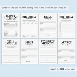 May include: A set of printable birthday party games with black text on a white background. The games include "Happy Birthday Around the World", "Birthday Categories", "Dear Birthday Boy", "Birthday Word Scramble", "Time Capsule", "First Birthday Trivia", "Favorite Memory of the Year", and "Advice for Your First Year".
