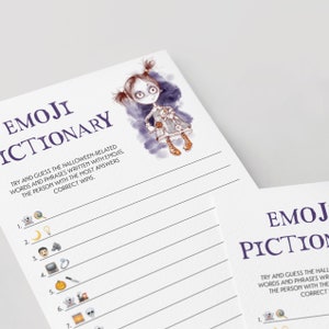 以下が含まれることがあります： 紫色の「EMOJI DICTIONARY」という文字が書かれた白い紙。ハロウィーンをテーマにした絵文字パズルと不気味な人形のイラストが特徴です。このゲームは、ハロウィーンに関連する単語を推測するようにプレイヤーに挑戦します。