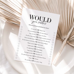 K&ouml;nnte beinhalten: Ein druckbares "W&uuml;rdest du lieber"-Spiel mit 12 Fragen. Jede Frage hat zwei Optionen, wobei neben jeder Option ein leerer Kreis zum Ankreuzen der Wahl der Spieler vorhanden ist.