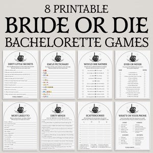 Pode incluir: Uma coleção de oito jogos imprimíveis para despedidas de solteira. Os jogos incluem "Dirty Little Secrets", "Emoji Pictionary", "Would She Rather", "Ever or Never", "Most Likely To", "Dirty Minds", "Scattergories" e "What's On Your Phone".