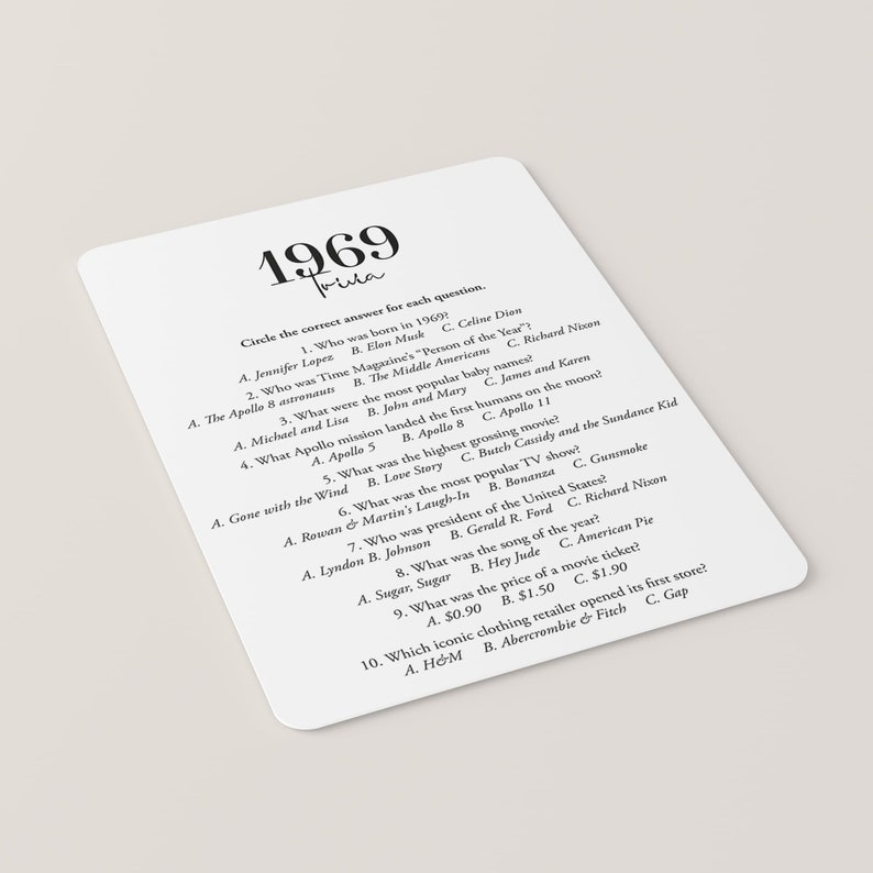 1969 Trivia Facts About 1969 Printable 60s Quiz 57th Birthday Ideas ...