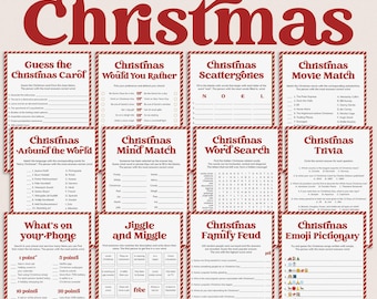Pode incluir: Um conjunto de 12 jogos de Natal imprimíveis com texto vermelho em papel branco e bordas listradas em vermelho e branco. A coleção inclui títulos como Christmas Scattergories, Word Search, Trivia, Emoji Pictionary e Family Feud.