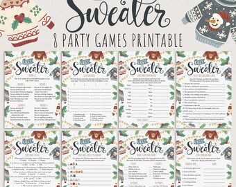 May include: A set of eight printable party games featuring the text Ugly Sweater 8 Party Games Printable. The sheets include Christmas-themed activities like trivia, word matching, and scavenger hunts, decorated with illustrations of sweaters.