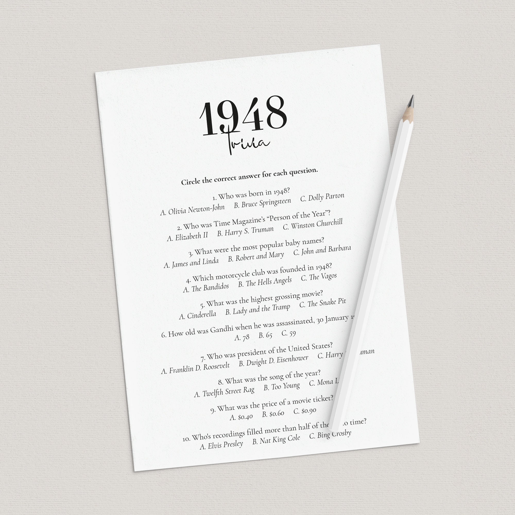 1948 Trivia Printable 75th Birthday Game Born in 1948 Quiz - Etsy Australia
