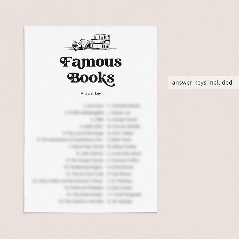 May include: A printable worksheet with the title "Famous Books" and an illustration of a stack of books. The worksheet includes an answer key.