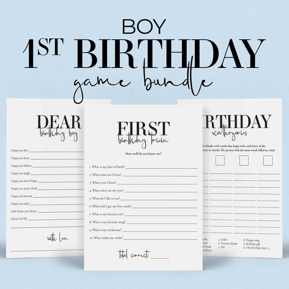 Boy First Birthday Party Games Bundle Printable Boys 1st Birthday Ideas One Year Old Boy Birthday Wishes Baby's First Birthday Trivia MB2