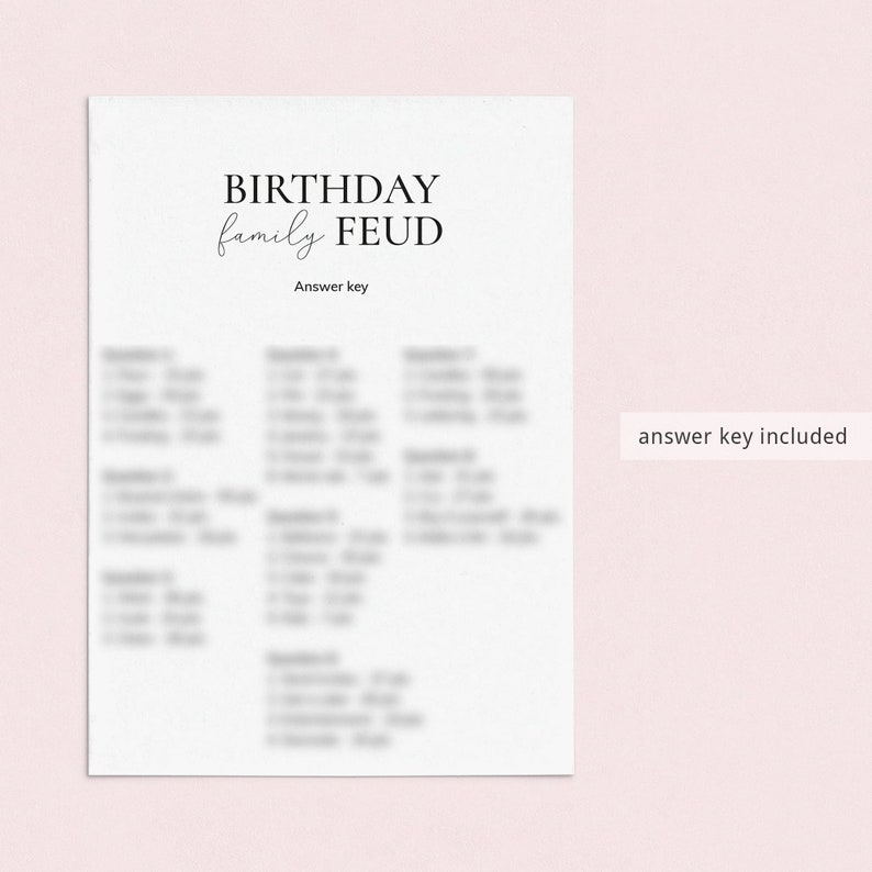 Pode incluir: Um jogo imprim&iacute;vel chamado "Birthday Family Feud" com uma chave de resposta inclu&iacute;da. O jogo &eacute; projetado para um encontro familiar.