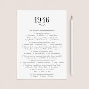 May include: A white trivia game card with the title "1946 Trivia" and multiple-choice questions about 1946. A pencil rests on the right side. The card includes questions about popular culture and historical events.