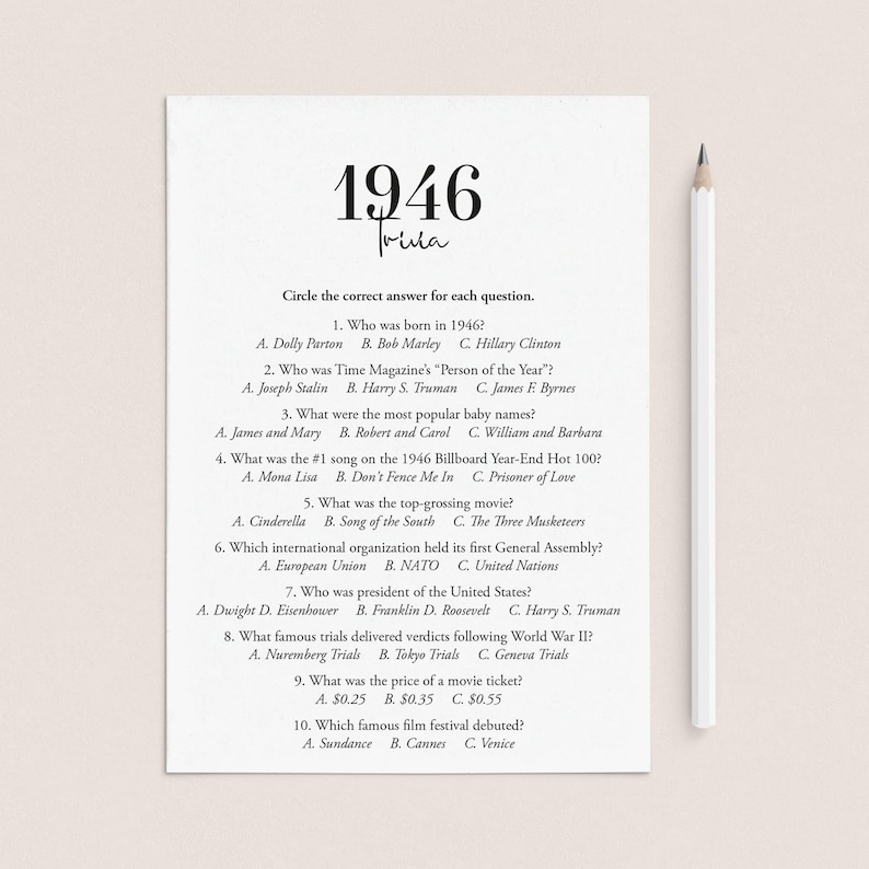 May include: A white trivia game card with the title "1946 Trivia" and multiple-choice questions about 1946. A pencil rests on the right side. The card includes questions about popular culture and historical events.