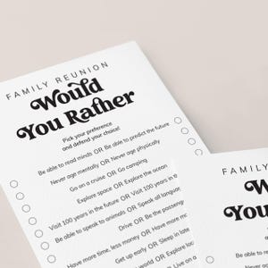 May include: A printable "Would You Rather" game with a black and white design. The game features a list of 10 questions with two choices for each question. The questions are about hypothetical situations and choices.