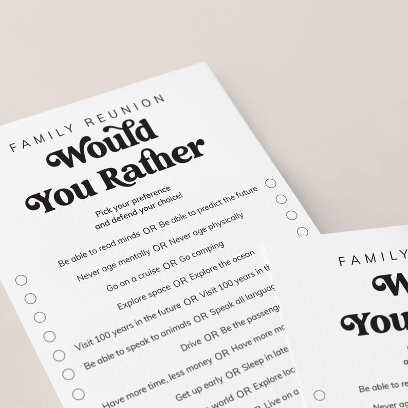 May include: A printable "Would You Rather" game with a black and white design. The game features a list of 10 questions with two choices for each question. The questions are about hypothetical situations and choices.