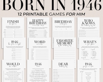 May include: A collection of 12 printable games for an 80th birthday, themed around the year 1946. The games include word scrambles, trivia, and fill-in-the-blank activities, all printed on white cards with black text.