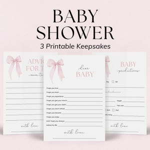 Girl Baby Shower Games Printable Pink Bow Baby Shower Games Coquette Baby Shower Card Baby Wishes Cards Baby Predictions and Advice PDF PB1