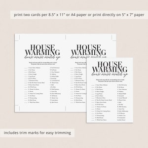 May include: Black and white printable game cards for a housewarming party. The cards feature a "House Warming House Music Match Up" game with a list of songs and artists to match. The text "includes trim marks for easy trimming" is at the bottom of the cards.