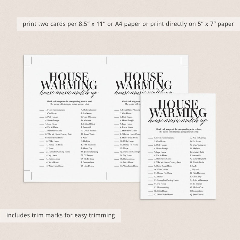 May include: Black and white printable game cards for a housewarming party. The cards feature a "House Warming House Music Match Up" game with a list of songs and artists to match. The text "includes trim marks for easy trimming" is at the bottom of the cards.