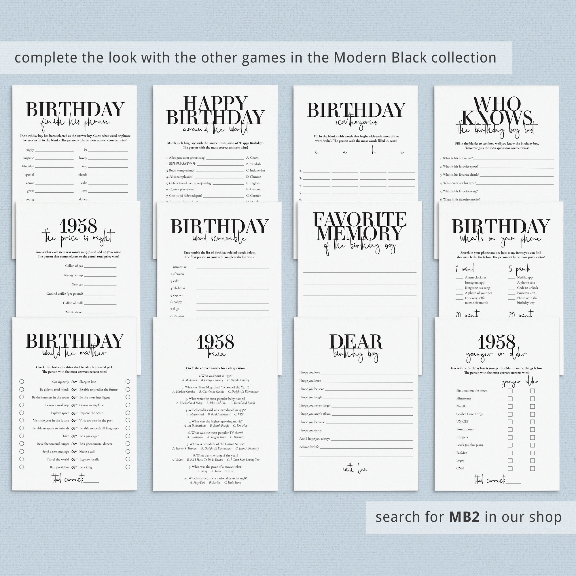 65th Birthday Games for Men Printable 1958 Birthday Party Game Etsy