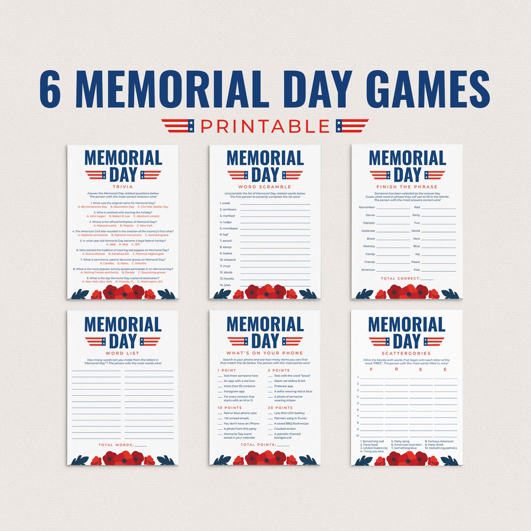 Memorial Day Games Printable Memorial Day Party Game Bundle