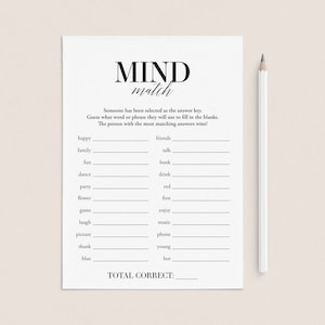 May include: A printable mind match game with a black and white design. The game includes a list of words and phrases to match. The text on the game says "MIND match".