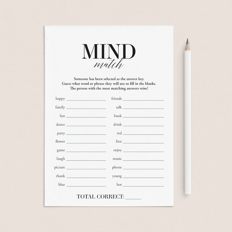 May include: A printable mind match game with a black and white design. The game includes a list of words and phrases to match. The text on the game says "MIND match".