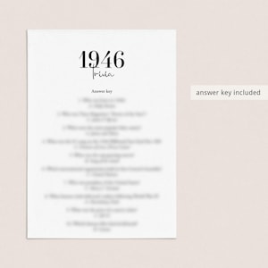 May include: A white paper with the text "1946 Trivia" in a stylish font. The words "Answer key" are below the title, followed by a list of trivia questions. The phrase "answer key included" is in a rectangular box on the right.