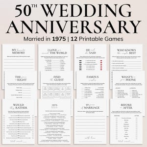 50th Anniversary Party Games Bundle Married in 1975 Wedding Anniversary Games Printable Couple Games for 50th Anniversary Party Minimal PP2