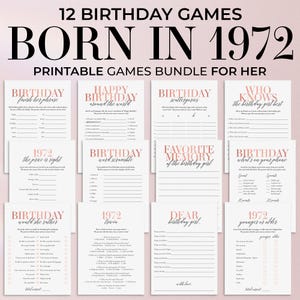May include: A printable game bundle for a birthday party. The games are pink and white with the text "12 Birthday Games Born in 1972 Printable Games Bundle for Her".