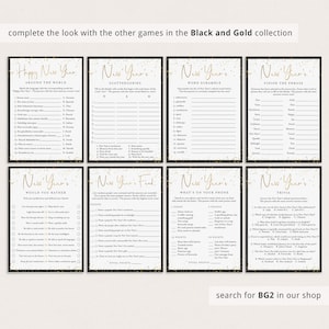 May include: A set of eight printable New Year's Eve party games on white paper with black and gold confetti borders. The games include New Year's Around the World, Scattergories, Word Scramble, Finish the Phrase, Would You Rather, Feud, What's On Your Phone, and Trivia.