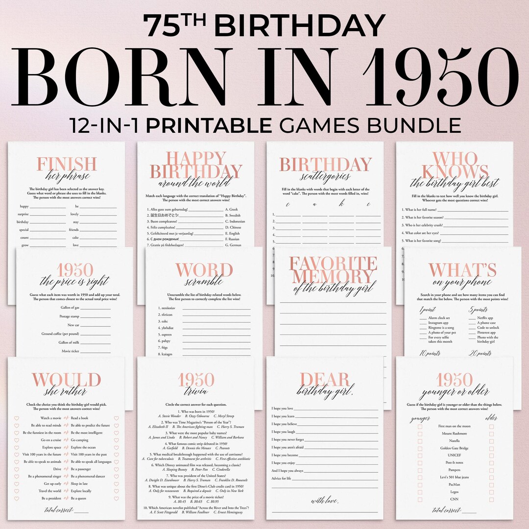 75th Birthday Games for Her Born in 1950 Birthday Party Games 75 ...