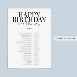 May include: A printable Happy Birthday Around the World game with an answer key. The game is designed to be played with friends and family.