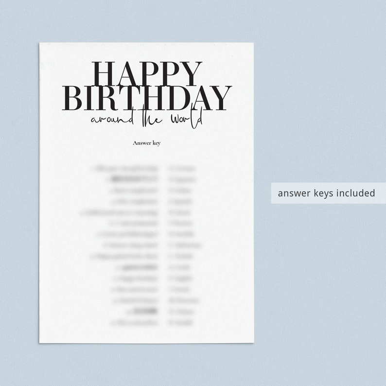 May include: A printable Happy Birthday Around the World game with an answer key. The game is designed to be played with friends and family.