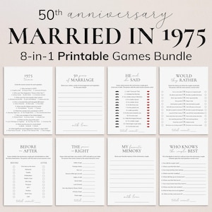 50th Anniversary Games Printable Married in 1975 Anniversary Party Games for Couples Minimal Adult Anniversary Party Icebreakers Trivia PP2