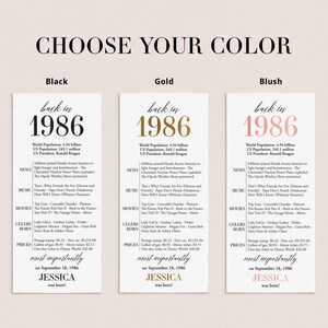 May include: Cards with the text "back in 1986" in black, gold, and blush pink. Each card lists world and U.S. population, the U.S. President, news events, music, movies, celebrities born, and prices. The text "JESSICA was born!" is at the bottom.