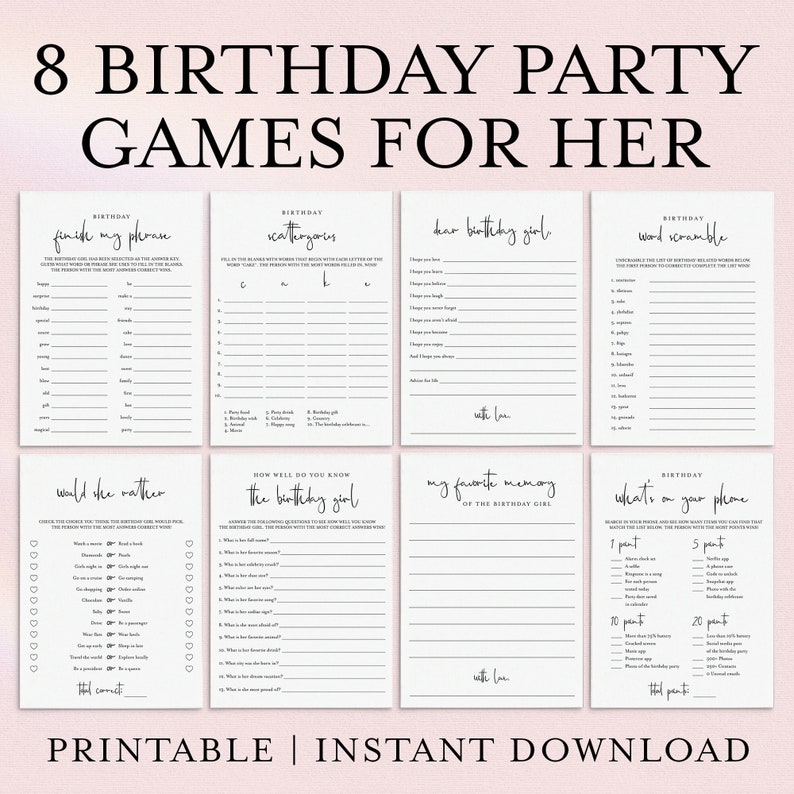 Printable Birthday Games For Her Birthday Party Game Bundle Instant Download Birthday Games Printable Girl Birthday Games 30th 40th 50th MM1 image 1