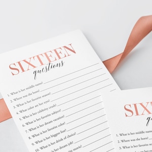 May include: A printable game card with the text "SIXTEEN questions" in pink and black. The card has a list of questions to ask someone turning sixteen years old.