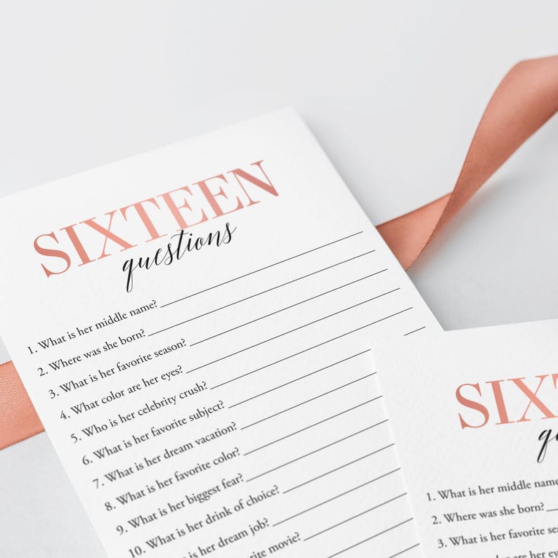 May include: A printable game card with the text "SIXTEEN questions" in pink and black. The card has a list of questions to ask someone turning sixteen years old.
