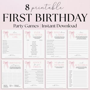 May include: Eight printable pink and white first birthday party game cards with pink bows. The games include "Who Knows Me Best", "Ever or Never", "Time Capsule", "Birthday Scattergories", "Advice for Your Firsts", "My Favorite Memory", and "Word Scramble".