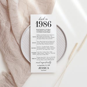 May include: A white card with the text "back in 1986" and facts from that year, including world population, news, music, movies, celebrities, and prices. The card is on a white plate with a beige background. The text "JESSICA was born!" is at the bottom.