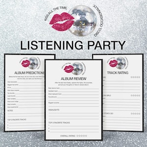 May include: Three black-bordered listening party sheets with fill-in-the-blank sections for album predictions, reviews, and track ratings. The top features a disco ball and pink lips graphic with the text "Kiss All The Time, Disco, Occasionally."