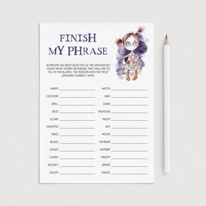 以下が含まれることがあります： 「Finish My Phrase」というタイトルのハロウィーンをテーマにしたゲームシートで、空白を埋めるためのプロンプトがあります。シートには、不気味な女の子の水彩イラストと鉛筆が描かれています。プロンプトには、「魔女」、「モンスター」、「クモ」などの単語が含まれています。