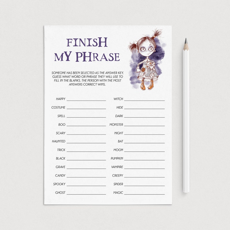 以下が含まれることがあります： 「Finish My Phrase」というタイトルのハロウィーンをテーマにしたゲームシートで、空白を埋めるためのプロンプトがあります。シートには、不気味な女の子の水彩イラストと鉛筆が描かれています。プロンプトには、「魔女」、「モンスター」、「クモ」などの単語が含まれています。