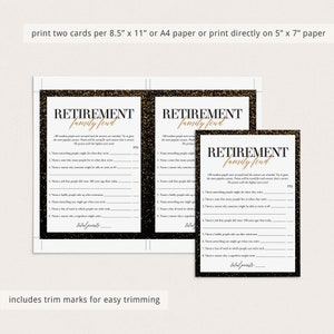 May include: Black and gold printable retirement family feud game cards. The cards feature a black background with gold glitter and text. The text on the cards reads "Retirement Family Feud".