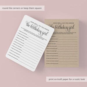 Puede incluir: Dos tarjetas de juego imprimibles con el texto "&iquest;Qu&eacute; tan bien conoces a la cumplea&ntilde;era?" y una lista de preguntas para probar qu&eacute; tan bien alguien conoce a la cumplea&ntilde;era. Las tarjetas est&aacute;n impresas en un fondo de papel marr&oacute;n.
