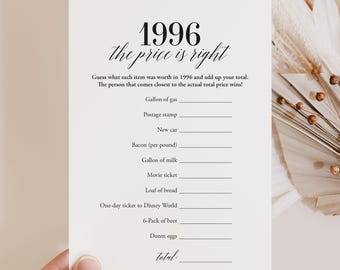 1996 The Price Is Right Game Printable 30th Birthday Card Cost of Living 1996 Birthday Poster Fun 30th Party Ideas Back in 1996 PDF MB2