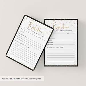 May include: Two white rectangular resolution cards with black borders and gold glitter accents. The text reads Resolutions LOOKING AHEAD TO 2027, with lines for Name, Age, I want to continue, I want to try, I want to stop, I want to visit, and MY GOAL FOR THIS YEAR.