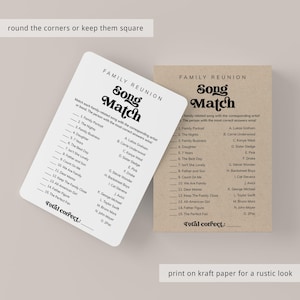 May include: Two printable game cards for a family reunion. The cards are beige and white with black text. The game is called "Song Match" and asks players to match family-related songs with the corresponding artist. The cards have a retro 70s style font.