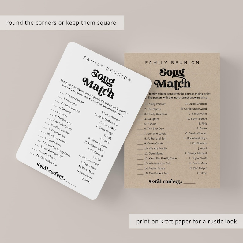 May include: Two printable game cards for a family reunion. The cards are beige and white with black text. The game is called "Song Match" and asks players to match family-related songs with the corresponding artist. The cards have a retro 70s style font.