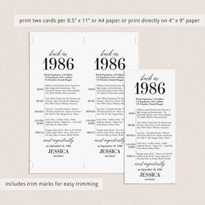 May include: Three white cards with black text. The cards read "back in 1986" with facts about the year, including world population, news, music, movies, and celebrities. The text "most importantly on September 18, 1986 JESSICA was born!" is also included.