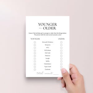 May include: A printable game card with the title "Younger or Older" and a list of items to guess if they are younger or older than the birthday girl. The card has checkboxes for "Younger" and "Older" for each item.