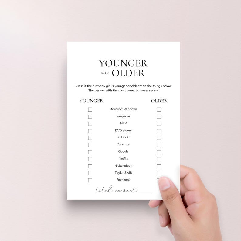 May include: A printable game card with the title "Younger or Older" and a list of items to guess if they are younger or older than the birthday girl. The card has checkboxes for "Younger" and "Older" for each item.