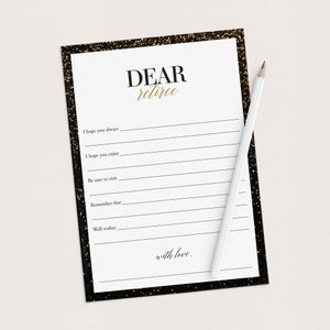 May include: A black and gold card with the text "DEAR retiree" and a list of prompts for well wishes. The card has a gold glitter background.